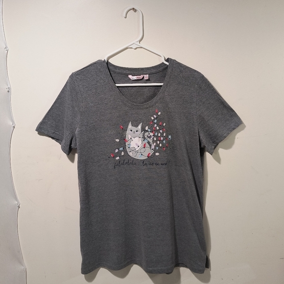 La Vie En Rose Women's Medium Grey Cat Short Sleeve T-Shirt - Picture 1 of 10